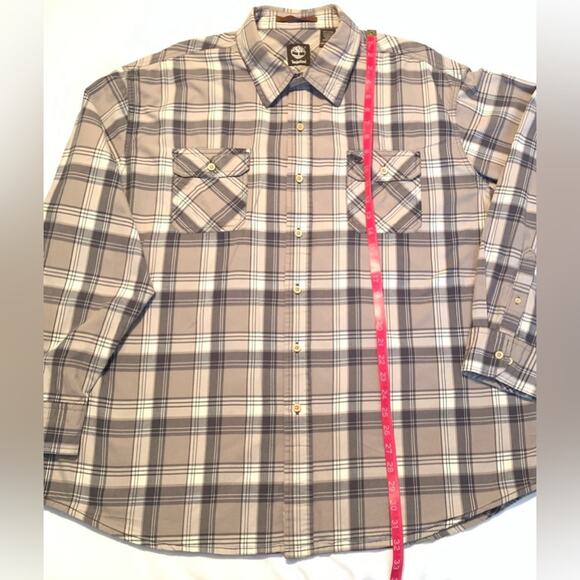 TIMBERLAND Mens Shirt 2XL Brown Tan Plaid 100% Cotton Long Button Front Outdoor - Picture 6 of 12